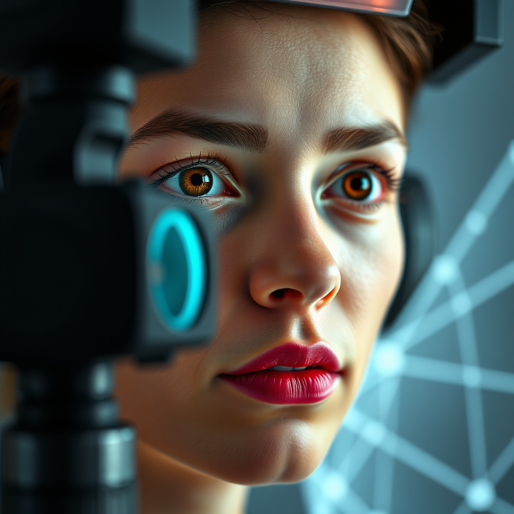 A close-up, photorealistic image of a high-resolution 3D scanner capturing the intricate details of a human face. Focus on the scanner's light pattern and the subject's expression. The background should be blurred to emphasize the scanning process. Technical specs: 4K resolution, photorealistic rendering.