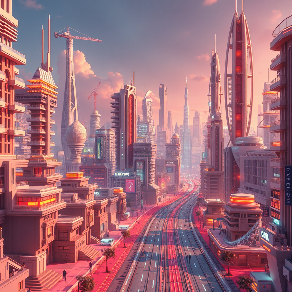 A futuristic image depicting a cityscape transformed by 3D printed structures and augmented reality elements. The scene should convey a sense of progress and technological advancement. The lighting should be vibrant and dynamic, with a blend of natural and artificial light sources. Technical specs: 4K resolution, high-quality rendering.
