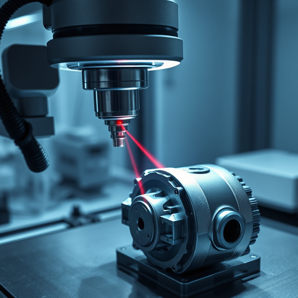 A photorealistic image of a high-precision 3D scanner meticulously scanning a complex mechanical component. Focus on the scanner's laser beams illuminating the object's surface. The background should be a clean, modern laboratory. The lighting should be sharp and focused to highlight the details of the scanning process. Technical specs: 4K resolution, photorealistic rendering.