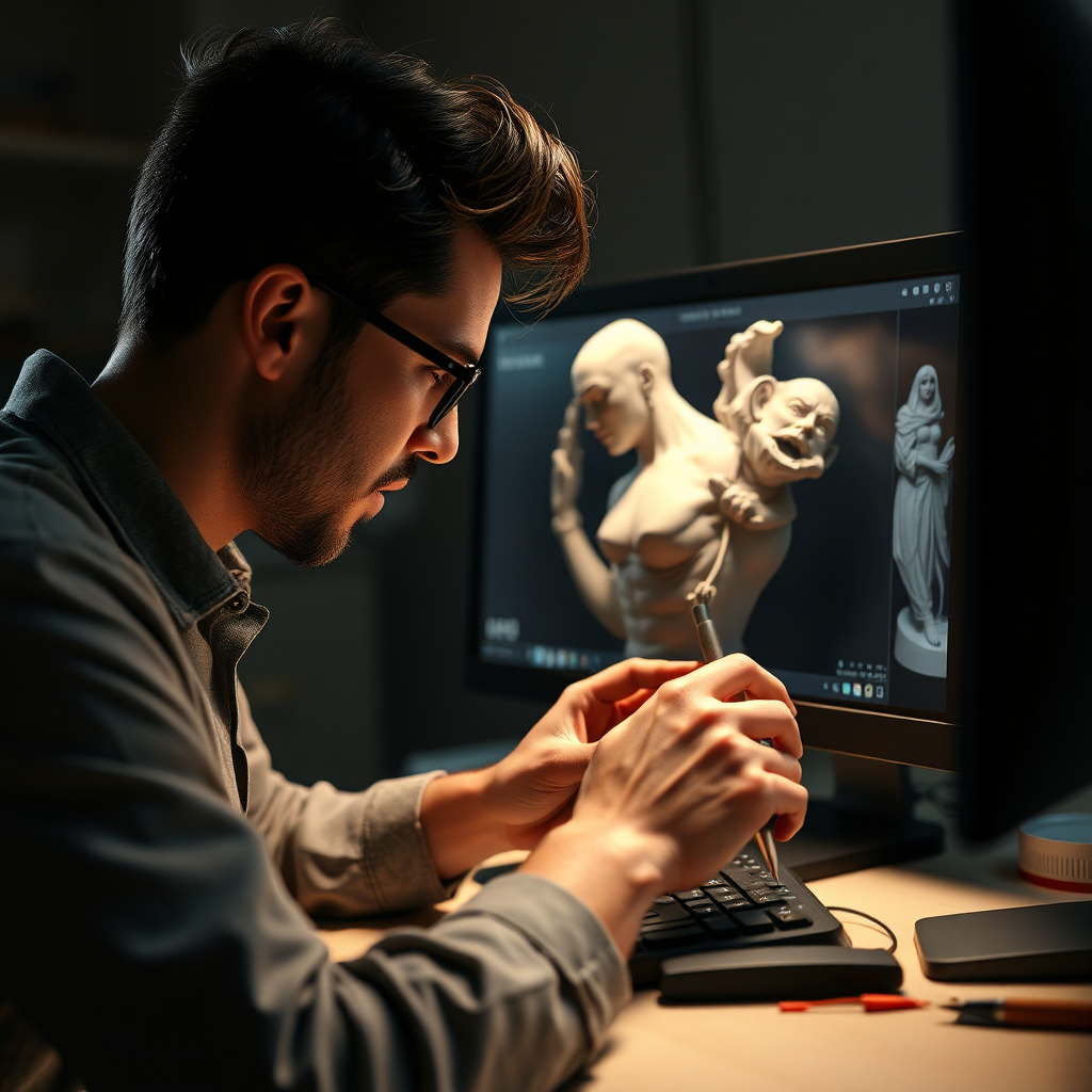 An artistic representation of a digital artist meticulously sculpting a 3D model on a computer. The scene should convey the artist's creativity and technical skill. The lighting should be soft and diffused to highlight the details of the model. Technical specs: 4K resolution, high-quality rendering.