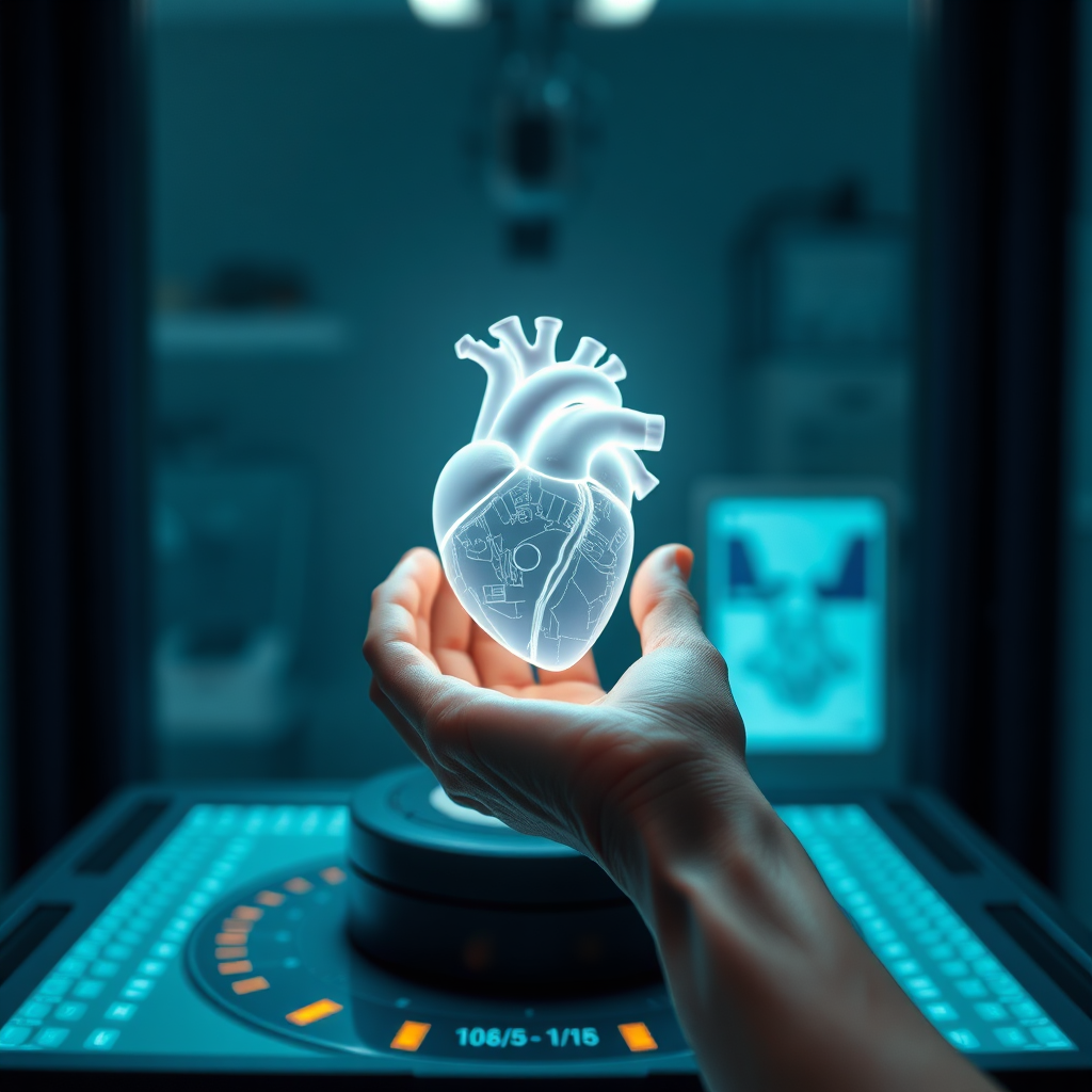 Create a photorealistic image representing WrobaCorp's commitment to 3D scanning and modeling. The image should feature a human hand gently holding a glowing 3D model of a complex object, like a human heart or a building blueprint, above a high-tech scanning device. The background should be a blurred lab environment. The lighting should be soft and diffused, highlighting the detail of the 3D model. Camera angle should be a close-up shot to emphasize the hand and the model. The color palette should be a blend of blues and greens to evoke a sense of innovation and precision. The textures should be smooth and detailed. The image should convey the precision, care, and artistry involved in the 3D scanning and modeling process. Technical specs: 4K resolution, high-quality rendering, professional lighting.
